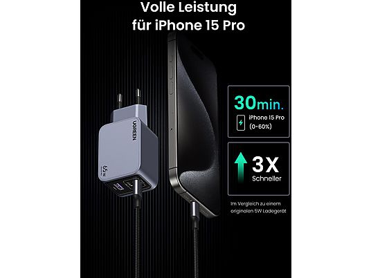 UGREEN Nexode Pro 65W 3-Port GaN Wall Charger Universal, Gray