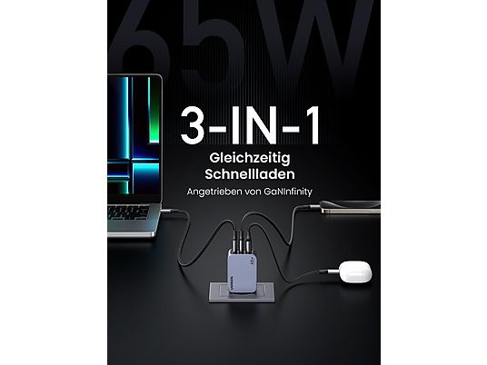 UGREEN Nexode Pro 65W 3-Port GaN Wall Charger Universal, Gray