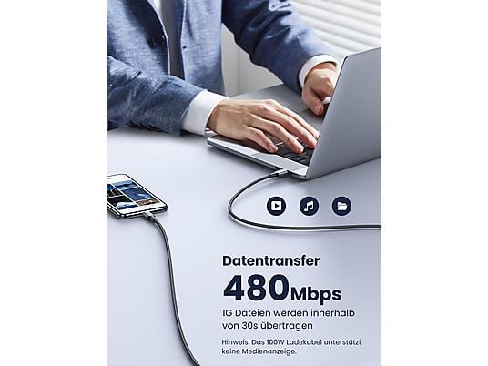 UGREEN USB-C auf USB-C PD 100 Watt, USB Kabel, Gray