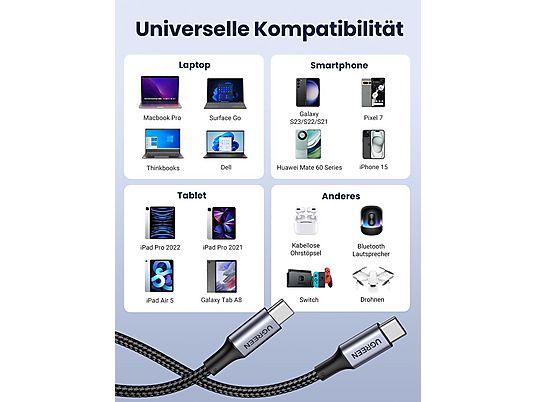UGREEN USB-C auf USB-C PD 100 Watt, USB Kabel, Gray